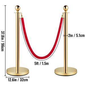 Poteaux de barrière en acier inoxydable doré avec cordes en velours rouges de 1,5 m (5 pi) et embouts sphériques rouges, pour le contrôle des foules et les supports de bannières - Product Image 4