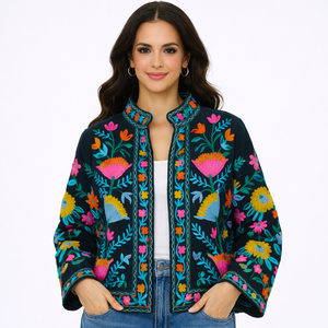 Floral Embroidered Knitted Women's Boho Chic Spring Style Full Sleeve Quilted Reversible Velvet Bomber <b>Jacket</b> Cotton Outerwear - Product Image 3