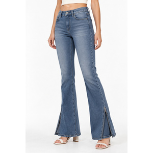 Jeans de mezclilla elásticos ajustados de tiro medio para mujer con dobladillo asimétrico - Azul pizarra Tallas XS-6XL - Product Image 3