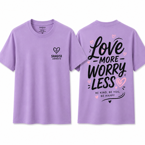 Camiseta de Manga Corta para Hombre, Color Azul Claro, Cuello Redondo, Corte Regular, 100% Algodón, Estampada, Ecológica, 180g, Marca Sangita Garments, Love More Worry - Product Image 1