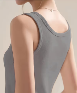Women's Gray Scoop Neck Knitted Tank Top Polyester/Cotton Breathable Solid Casual Short 160g - Product Image 3