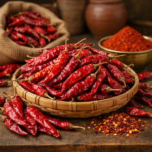 Piment rouge séché (Mathania Chili) à piquanté moyen-haute, entier, sans tige et en poudre, pour usage en curry/sauce - Product Image 1