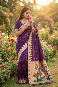 <b>Purple</b> Silk <b>Saree</b> With Peacock And Floral meenakari Weaving Traditional Indian Wedding Wear For Women - Product Image 3