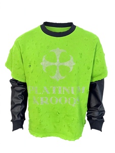 Custom Distressed Lime Green Rhinestone Cross Oversized Graphic Tee Two Piece Long Leather Sleeves Vintage Washed Y2K Heavy - Product Image 1
