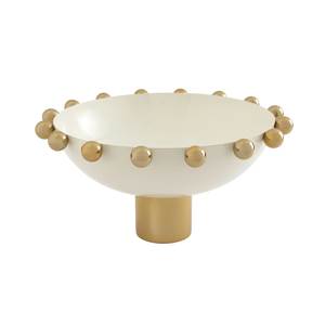 Bol décoratif moderne sur pied, couleur crème, avec un bassin mat lisse orné d'élegantes sphères dorées brossées le long de son rebord extérieur. - Product Image 2