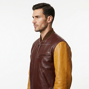 Chaqueta Varsity Casual de Invierno de Cuero Vacuno Natural con Cuello Alto, Estilo Béisbol Letterman, Marrón Dorado, Personalizada al por Mayor - Product Image 4