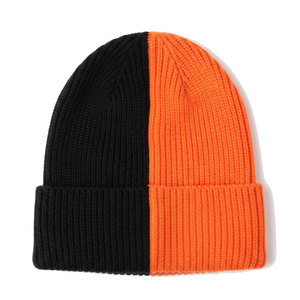 Wholesale Rate Unisex New Design Fashion <b>Beanie</b> Soft 100% <b>Wool</b> Material Custom Logo Casual Adjustable Two Tone Orange Black <b>Hats</b> - Product Image 1