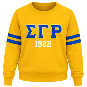Women's <b>Yellow</b> Greek Letter Crewneck Sweatshirt Blue-White 1922 Front Double Stripe Long-Sleeve Ribbed Cuffs Casual Pullover <b>Top</b> - Product Image 1