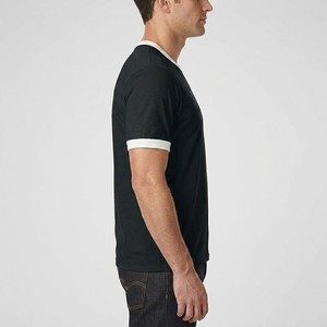 Camiseta de Manga Corta Negra para Hombre con Ribete en Contraste Blanco, Cuello Redondo, Corte Regular, Informal, Color Sólido, Tejido de Punto Jersey, Algodón - Product Image 3