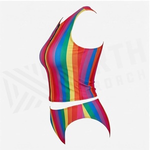 Ensemble tankini 2 pièces à rayures arc-en-ciel avec haut court à col haut et fermeture éclair sur le devant et bas de maillot de bain hipster pour femme - Product Image 3