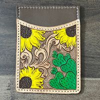 Cartera de cuero de vaca con diseño de girasol a la moda, tarjetero de estilo occidental, cuero mecanizado a mano, RFID, monedero delgado para tarjetas de crédito para Unisex