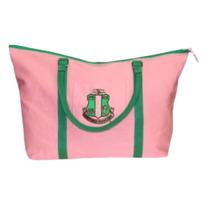 AKA <b>Canvas</b> <b>Tote</b> Pink & Green Shopping Bag with Embroidered Crest Large Reusable Carryall Shoulder <b>Tote</b> for Everyday Use - Product Image 1