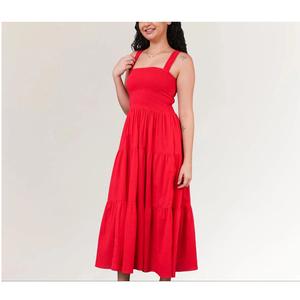 เดรสผ้าฝ้ายสีแดงลดราคาพิเศษ เนื้อผ้านุ่ม ระบายอากาศดี เหมาะสำหรับใส่ลำลองในฤดูร้อน ทรงเอไลน์สวยสง่า มีจำหน่ายในราคาส่งออก - Product Image 1