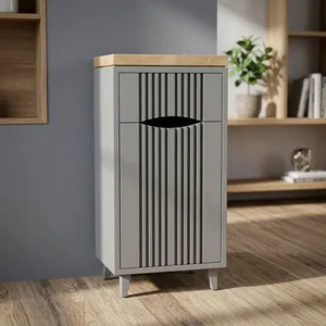 Minimalist Gray Storage Bathroom <b>Cabinet</b> with Wood Top and Vertical Slats Space Saving Design - Product Image 1