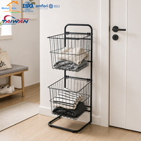 Panier à linge à 2 niveaux en fil métallique avec support, organisateur de rangement en métal pour salle de bain et tri domestique