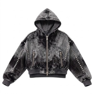 Custom Heavy Cotton Acid Wash Full Zip Hoodies <b>Vintage</b> Rhinestone Studded Sleeves <b>Oversized</b> Streetwear <b>Sweatshirts</b> Wholesale - Product Image 5