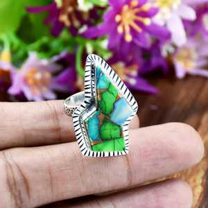 Bague vintage en argent sterling 925 avec pierre précieuse turquoise, motif éclair, paon et dahlia, bijoux bohèmes pour femmes - Product Image 3