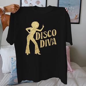 Disco Diva Gold Silhouette Camiseta de mujer 100% Algodón puro Ajuste cómodo Estilo casual con patrón impreso - Product Image 5
