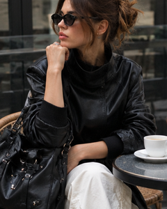 Black PU Leather Crew Neck Hooded Jacket Adjustable Waist <b>Belt</b> Regular Sleeve Solid Color <b>Slim</b> Fit Breathable Quick Dry - Product Image 5