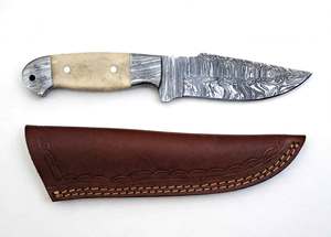 Cuchillo utilitario de hoja fija de acero de Damasco hecho a mano con mango de hueso, herramienta de corte para exteriores con funda de cuero - Product Image 2