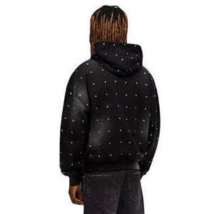 Sweat à capuche personnalisé épais 400 g/m² avec strass, style streetwear vintage délavé, noir délavé à l'acide, coupe oversize - Product Image 3