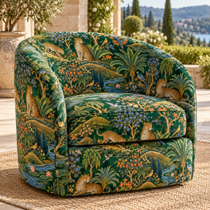 Tela de tapicería tejida ligera y transpirable con diseño personalizado de leopardo saltando y descansando entre vegetación exuberante, textiles para el hogar de 58/60 pulgadas - Product Image 3