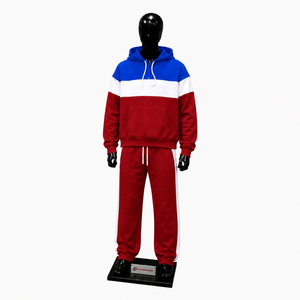 <b>Men</b>’s Red Blue <b>White</b> Color Block Tracksuit Premium Pullover Hoodie And <b>Jogger</b> Pants Set Casual Streetwear Athletic Sports Outfit - Product Image 1