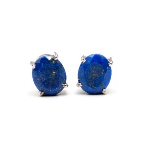 Natural Lapis Lazuli Faceted Oval Shape Gemstone Stud <b>Earrings</b> 11x9mm 925 Sterling <b>Silver</b> <b>Earrings</b> For Women Genuine Gemstone - Product Image 1