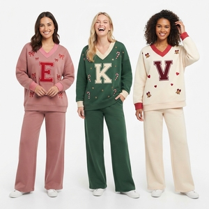 Conjunto casual de 2 piezas para mujer, sudadera con cuello en V y letras bordadas y pantalones largos - Product Image 4