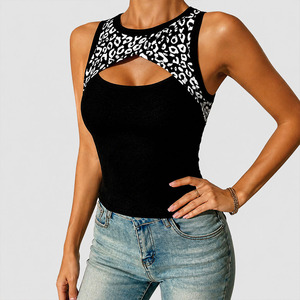Trendy Women’s Black Leopard Print <b>Patchwork</b> Tank <b>Top</b> Sleeveless Front Keyhole Knit <b>Top</b> for Boutique Women's Shirts Manufacturer - Product Image 5
