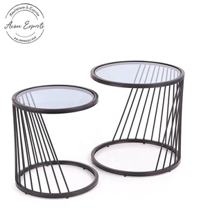 Best Quality Handcrafted <b>Round</b> Set of 2 <b>Black</b> Powder Coated Iron <b>Side</b> <b>Table</b> with Smoke Glass Top - Product Image 1