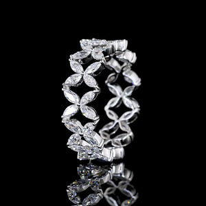 Anillo de Compromiso con Diamante Cultivado en Laboratorio, Corte Marquesa, Diseño Floral de Hojas, Doble Hilera, Eternidad, para Boda, Oro 10K 14K 18K, Plata 925 935, Rodio - Product Image 4