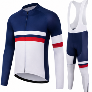 Ensemble de maillot et de short de cyclisme pour hommes de haute qualité, personnalisé, en spandex/coton, séchage rapide, 4 saisons, bleu marine, blanc, rouge, manches longues, pour adultes - Product Image 1