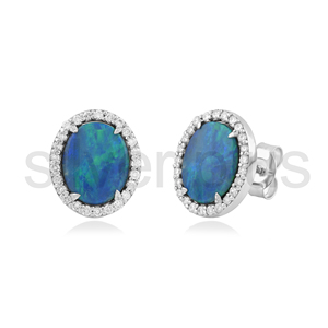 Pendientes de Oro Sólido de 18K con Ópalo Azul Natural, Diseño Clásico para Regalo de Boda, con Halo de Diamantes y Gema Ovalada Doble - Product Image 3