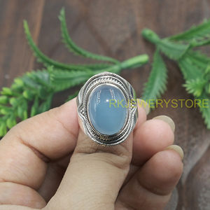 Natural Blue Chalcedony <b>Ring</b> 925 Sterling Silver Handmade Vintage <b>Statement</b> Jewelry Oval Gemstone <b>Ring</b> for Unisex Women Jewelry - Product Image 4