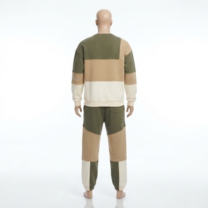 Ensemble sweat-shirt et pantalon de survêtement pour homme, col rond, couleurs contrastées, vert beige, streetwear décontracté, vêtements assortis, logo personnalisé - Product Image 4