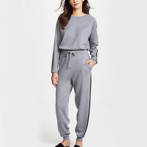 Women Gray Solid <b>Tracksuit</b> Set Full Sleeve Crew Neck Loose Fit Casual Autumn Wear With Side Pockets Drawstring Waist - Product Image 2