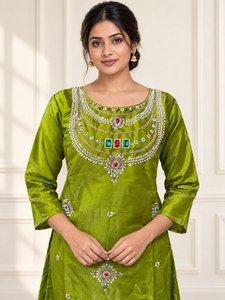 Ensemble Kurta Palazzo Dupatta pour femme, vert, en soie de verre brodée, séchage rapide, coupe ample, longueur au sol, toutes saisons, pour mariage traditionnel - Product Image 2