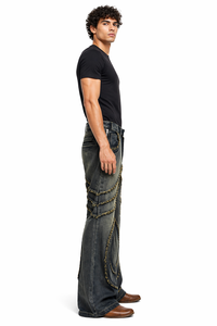 Vaqueros de mezclilla para hombre, de lavado oscuro, desgastados, de pierna ancha, estilo urbano, con efecto descolorido intenso, estilo vintage, con paneles de diseño y costuras únicas - Product Image 2