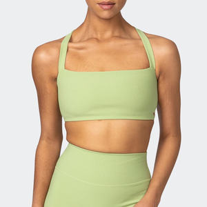 Women's Ribbed Halter Sports Bra Square Neck Medium Support Yoga Wear Breathable Seamless Solid Color Light Green - Product Image 1