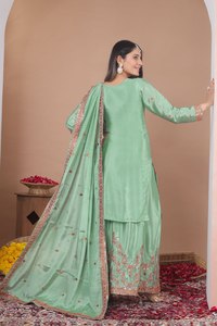Pista Green Chinon Sharara Suit Sequence Embroidery v Neck <b>Top</b> Elastic Waist Bottom Dupatta Elegant <b>Party</b> Wear Women Quick Dry - Product Image 4