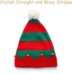 Unisex Knitted <b>Elf</b> <b>Hat</b> Red Green Color Blocking With Bells And Pom Pom Winter Party Beanie <b>Adult</b> Size 56-58CM - Product Image 2
