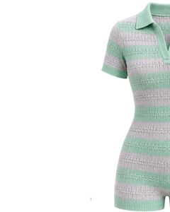 Mono de punto a rayas verde menta y blanco para mujer, manga corta, cuello polo, algodón, informal de verano, de una pieza, ajustado, personalizado - Product Image 2