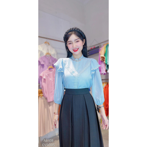 <b>Women's</b> Wholesale Elegant Office <b>Blouses</b> with Lace Trim High Neck Shoulder Ruffles <b>Long</b> Sleeves Solid Color <b>for</b> Retail Boutiques - Product Image 2