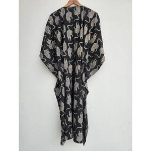 Artisan Handmade <b>Black</b> Cotton Tiger Print <b>Kaftan</b> Dress Boho Maxi Caftan with Adjustable Waist Tie Lightweight Lounge Wear - Product Image 5