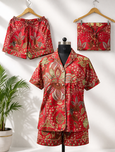 Ensemble de vêtements de nuit pour femmes à imprimé floral tropical, chemise à manches courtes en coton et short, vêtements de détente d'été, pyjama décontracté doux, vêtements de nuit - Product Image 3