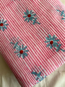 Pink Stripe Hand Block Print Cotton Fabric Blue Floral Jaipur Sanganeri Print Dress <b>Sewing</b> Fabric by Yard - Product Image 1