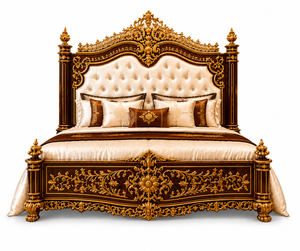 Juego de Dormitorio Vintage de Madera de Teca Tallada con Cabecera Alta y Mesitas de Noche, Cama de Madera Tallada en Oro Antiguo de Lujo - Product Image 2