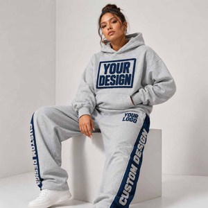 Custom Hooded Tracksuit <b>Set</b> 2 Piece Gray Blue Stripe Embroidery Logo Print Unisex Casual Sportswear Full Length Loose Fit - Product Image 3