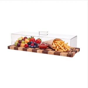 Natural Checked Wooden Serving Tray With Clear Acrylic Cover Food Display Platter For Snack Fruit <b>Hotel</b> <b>Supply</b> Wholesale - Product Image 1